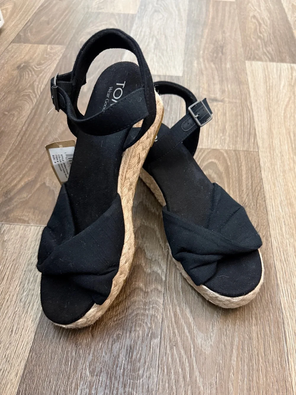 TOMS Black Knotted Espadrille Wedge Sandals with Ankle Strap